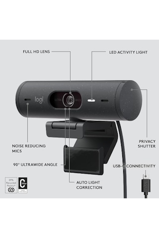 Otomatik Işık Düzeltme, Gösteri Modu, Çift Gürültü Azaltıcı Mikrofon, Grafit Özellikli Logitech Brio 500 Full Hd Web Kamerası