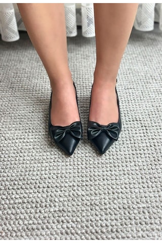 Asmi Shoes Kadın Mina Siyah Cilt Arkası Açık Sivri Burun Fiyonk Detaylı 4 Cm Topuklu Ayakkabı