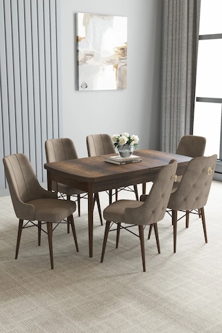 Zümra Serisi, Barok Ahşap Desen 80x132 Açılabilir Mdf Mutfak Masası Takımı 6 Adet Sandalye, Cappucino
