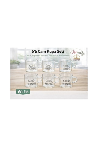 6 Lı 120 Ml Kulplu Cam Fincan,good Morning Yazılı,çizgili Cam Kupa Espresso Türk Kahvesi Fincanı Şeffaf Cam, Siyah Yazılı