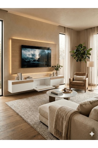 Purelıne Ledli Duvar Tv Ünitesi 180 Cm Beyaz-meşe 160 Cm