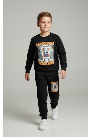 Cappuccino Assasino Baskılı 3 İplik Şardonlu Eşofman Takımı Siyah