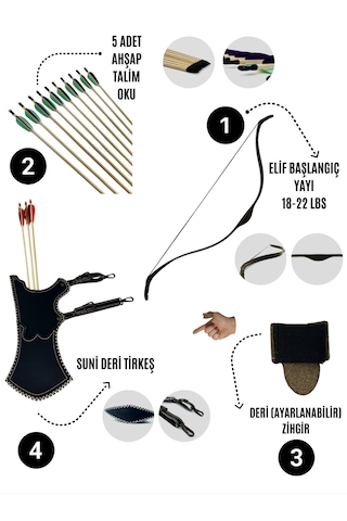 Geleneksel Okçuluk Başlangıç Seti - Elif Yay (Kaplamalı) + 5 Ok + Zihgir + Tirkeş
