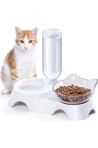 Mrt Bilişim Çift Bölmeli Kedi Köpek Mama Kabı Kaseli Otomatik Su Şişe Hazneli