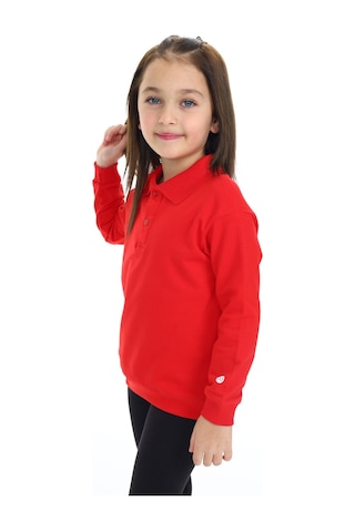 Kız Çocuk Regular Fit Polo Yaka Düşük Omuz Nakış Baskılı Sweatshirt - 2 İplik Kırmızı