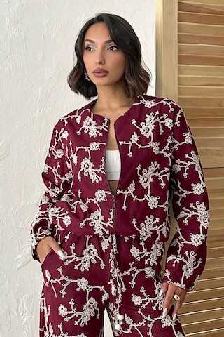 Verymoda Çiçek Nakışlı Fermuarlı Ceket F1948 Bordo