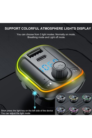 Geeksen Araç Fm Transmitter Bluetooth 5.0, Pd18w+qc3.0 Hızlı Şarj, Renkli Işık Modları, Sesli Asistan, Kolaysız Konuşma, Kaliteli Ses Çıkışı