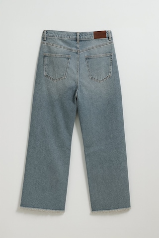 Kadın Yüksek Bel Wide Leg Dizi Yırtık Buz Mavi Jean Pantolon Mavi