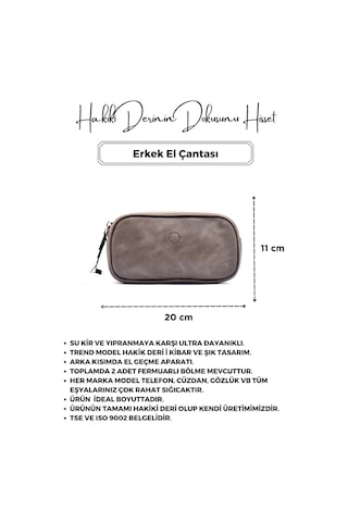 Empiero Antik Gri Hakiki Deri Çift Fermuarlı El Çantası El Geçmeli Antik Gri