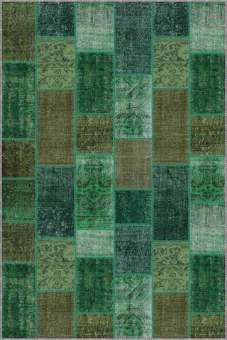 Yeşil Patchwork Kaymaz Taban Makinede Yıkanabilir Halı Rv226n11
