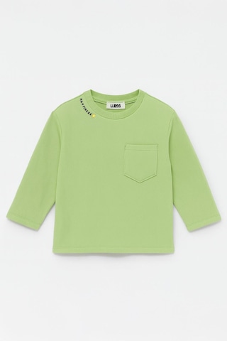 Luess Unisex Çocuk Happiness Nakışlı Cepli Fitilli Kaşkorse Tişört Açık Yeşil