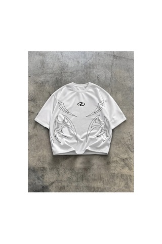 Yolo Street Oversize Siyah Beyaz Erkek Tişört Beyaz Tribal Baskılı %100 Pamuk Modern Streetwear Beyaz
