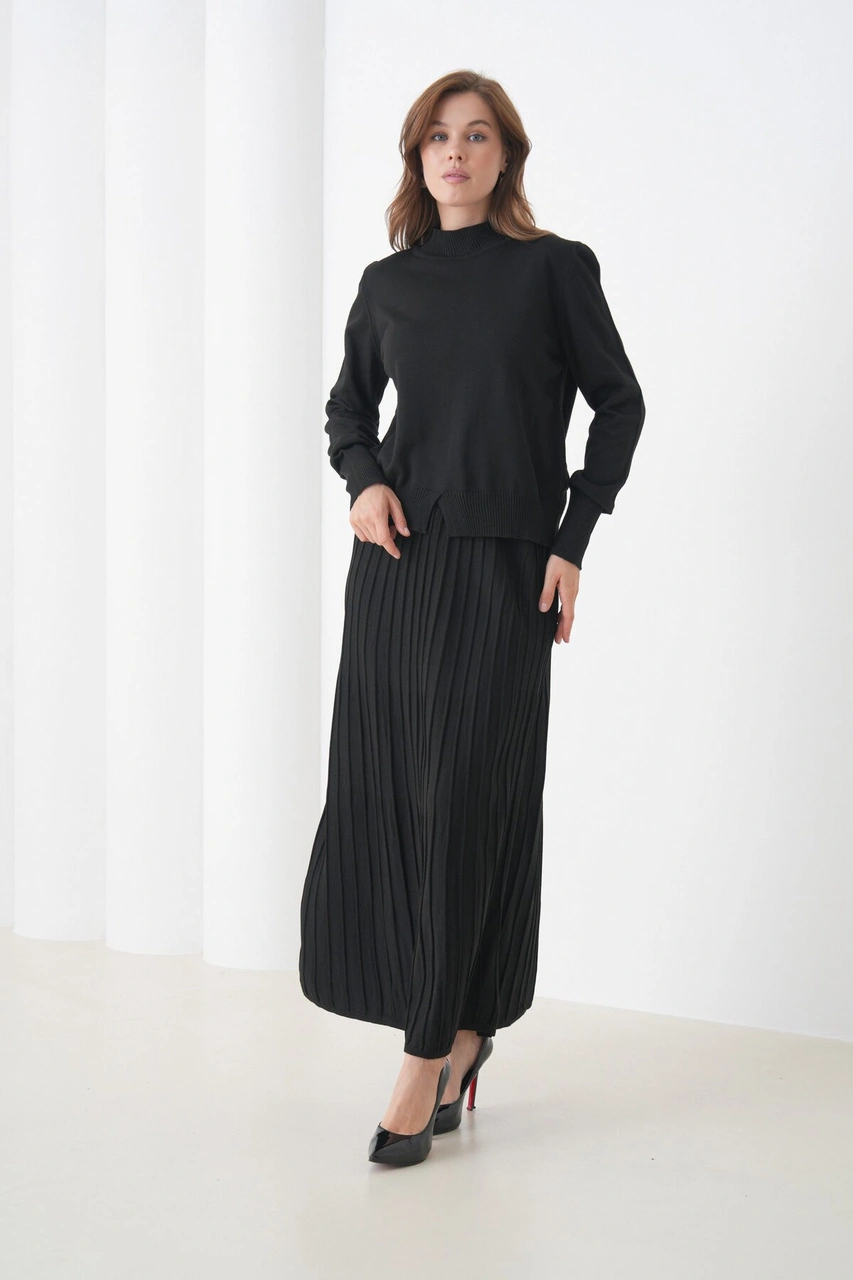 Kadın Pileli Etek Kazağı V Tasarım Tesettüre Uygun Örgü Triko Etek Kazak Takım Siyah