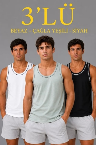 Etiler Collection Erkek 3 Lü Kolsuz Sporcu Atlet Seti Yazlık Bisiklet Yakalı - Mint Yeşili, Siyah, Beyaz Çok Renkli