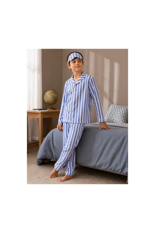 Free Beka Çocuk Önden Düğmeli Pijama Takımı Mavi Çizgili Pijama