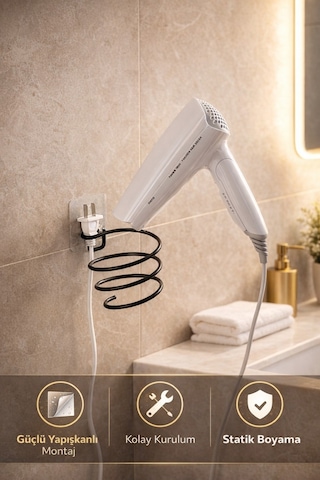Alper Banyo Siyah Güçlü Yapışkanlı Fön Makinesi Askısı