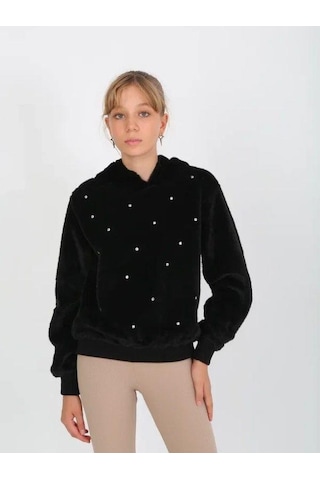 Kız Çocuk Taşlı Peluş Kapüşonlu Sweatshirt-14827 Siyah