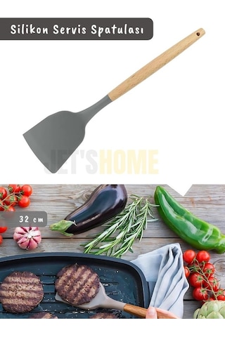 Silikon Servis Spatula Mutfak Kaşığı Pasta Spatulası Ahşap Saplı 32 Cm Gri