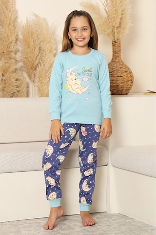 Kız Çocuk %100 Pamuk İnterlok Kumaş Pijama Takımı 6-15 Yaş 12421 Açık Mavi