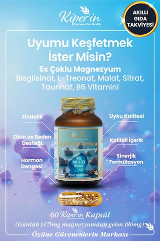 Kiper'in Magnezyum Multi 5X Çoklu Magnezyum Akıllı Gıda Takviyesi 60 Kapsül