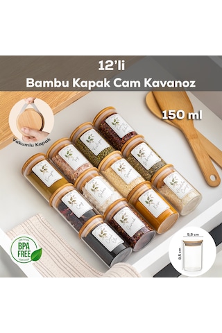 Porsima 3179 Vakumlu Bambu Kapaklı Cam Baharatlık Seti 12 Parça Şeffaf