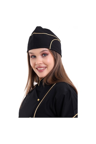 Siyah Üzerine Sarı Biye Aşçı Kayık Kep - Unisex-Standart-Tek Parça
