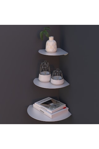 Oval Metal 3'lü Duvar Köşe Rafı Modern Dekoratif Raf Seti Beyaz