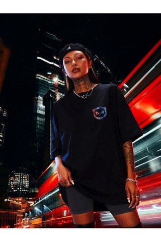 Kadın Siyah Oversize Kızgın Ayı Baskılı T-shirt Siyah-67345
