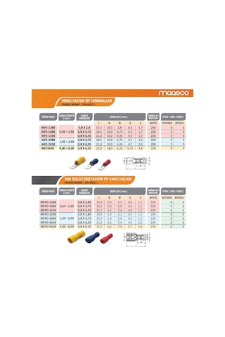 200 Adet Maasco Tam Izoleli Dışı Faston + Erkek 4-6 Mm2 Kablo