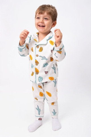 Miniğimin Cicileri Kaktüs Baskılı Karakterli Düğmeli Unisex Çocuk Pijama Su Yeşili