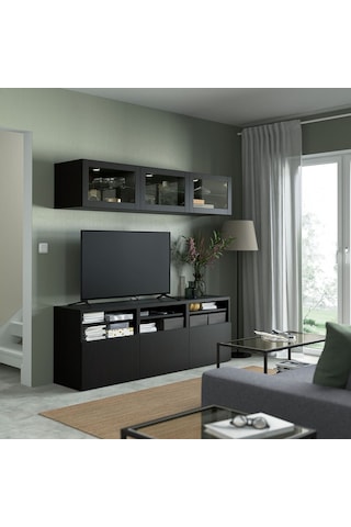 Tv Ünitesi, Venge-siyah-kahverengi-şeffaf Cam, 180x42x192 Cm, Lappvıken/sındvık, Fren Raylı Siyah