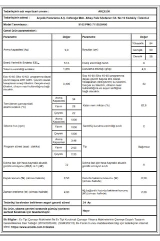 Arçelik 9102 PMG 1000 Devir 9 KG Çamaşır Makinesi