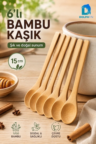 6 Lı Bambu Kaşık Seti 15 Cm Doğal Ahşap Baharat Ve Sunum Kaşığı