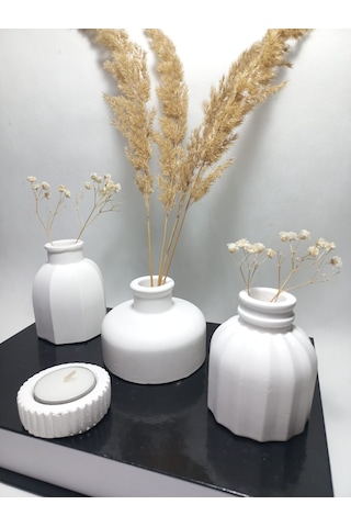 Modern Minimal Vazo Set 3'lü, Ev & Ofis Hediyelik, Dekoratif Obje, Beyaz