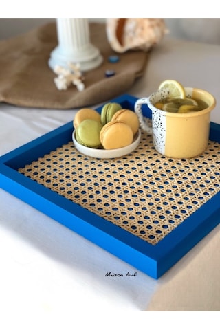 Rattan Hazeran Kare Tepsi Alaçatı Mavisi %100 Doğal Hazeran M028