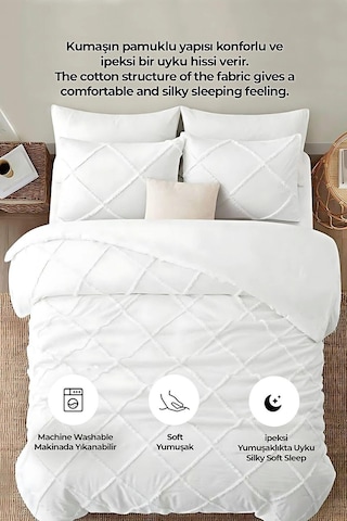 Evlen Home Pamuklu Aimar Yatak Örtüsü Takımı Çift Kişilik Günlük Boho 3 Parça Elyaf Dolgulu Beyaz Beyaz