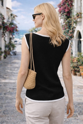 Aqefashion Kadın Kayık Yaka Sosis Yaka Yarasa Kol Beyaz Detaylı Modern Basic Özel Tasarım Siyah Triko Bluz