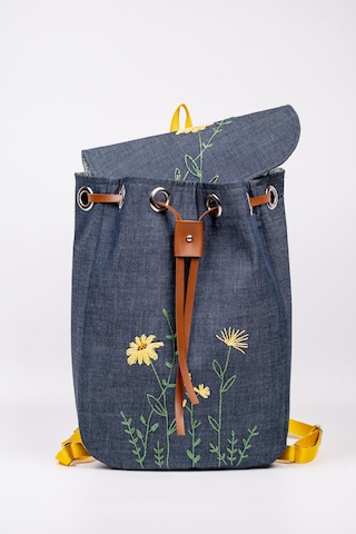 Fabric Craft Bag Sırt Çantası Kot Kumaş Çiçek Nakışlı Büzgülü Kot