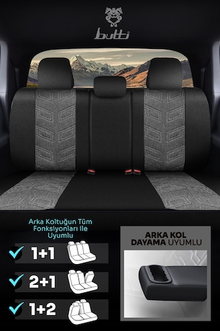 Siyah - Gri Butti Bello Serisi Keten Kumaş Premium Oto Koltuk Kılıfı Ortopedik Destekli, Ön Arka Tam Set