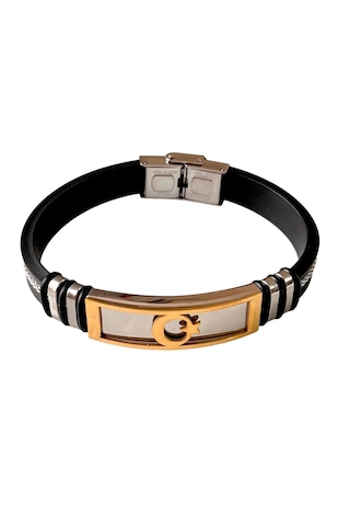 Ay Yıldız Figürlü Silikon Kordon Çelik Mixli Erkek Bileklik Altın - Siyah