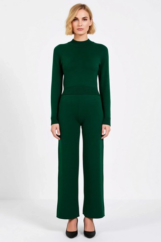 Benerly Kadın Crop Triko Takım Reglan Kollu Dik Yaka Fitted Kesim İnterlo Zümrüt Yeşili