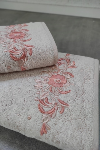 Nakışlı Bambu Banyo Havlu Takımı Pudra