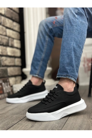 Ba0332 Merdiven Desen Bağcıklı Erkek Yüksek Taban Siyah Cilt Beyaz Taban Spor Ayakkabı 001