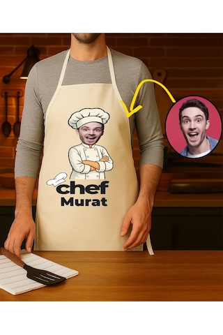 Kişiye Özel Karikatür Fotoğraflı Ve İsimli Mutfak Önlüğü Chef Tasarımlı 1 Krem