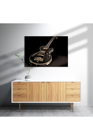 Cakasepetim Altın İşlemeli Siyah Klasik Elektrogitar Siyah Arka Plan Ahşap Mdf Tablo