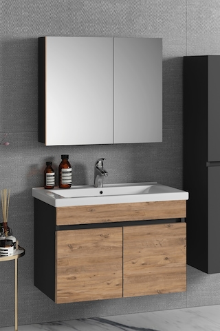 Çiğdem 80 Cm Antrasit Gri Mat-Atlantik Çam Mdf Seramik Lavabolu A Antrasit - Atlantik Çam