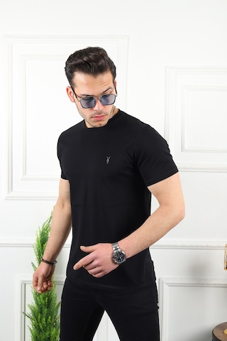 Erkek Siyah Slim Fit Bisiklet Yaka %100 Pamuk Tişört Siyah