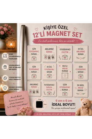 12'li Kare Fotoğraf Magneti Kişiselleştirilebilir İstenilen Fotoğraflarla Anı Hediye Seti