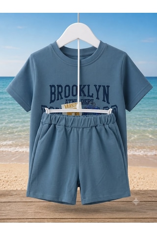 Pokipo Erkek Çocuk Brooklyn Baskılı Kısa Kollu Tişört Ve Şort 2 Li Yazlık Takım - Mavi açık mavi