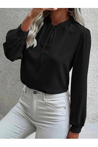 Kadın Uzun Kollu Yakalı Yakadan Bağcıklı Düğmeli Sandy Bluz Siyah